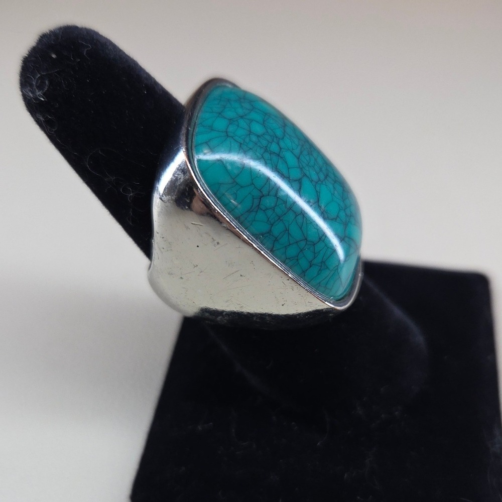 Boho Statement Ring Faux Turquoise Silver Tone Chunky Band Southwestern Size 8.5 - Picture 3 of 8